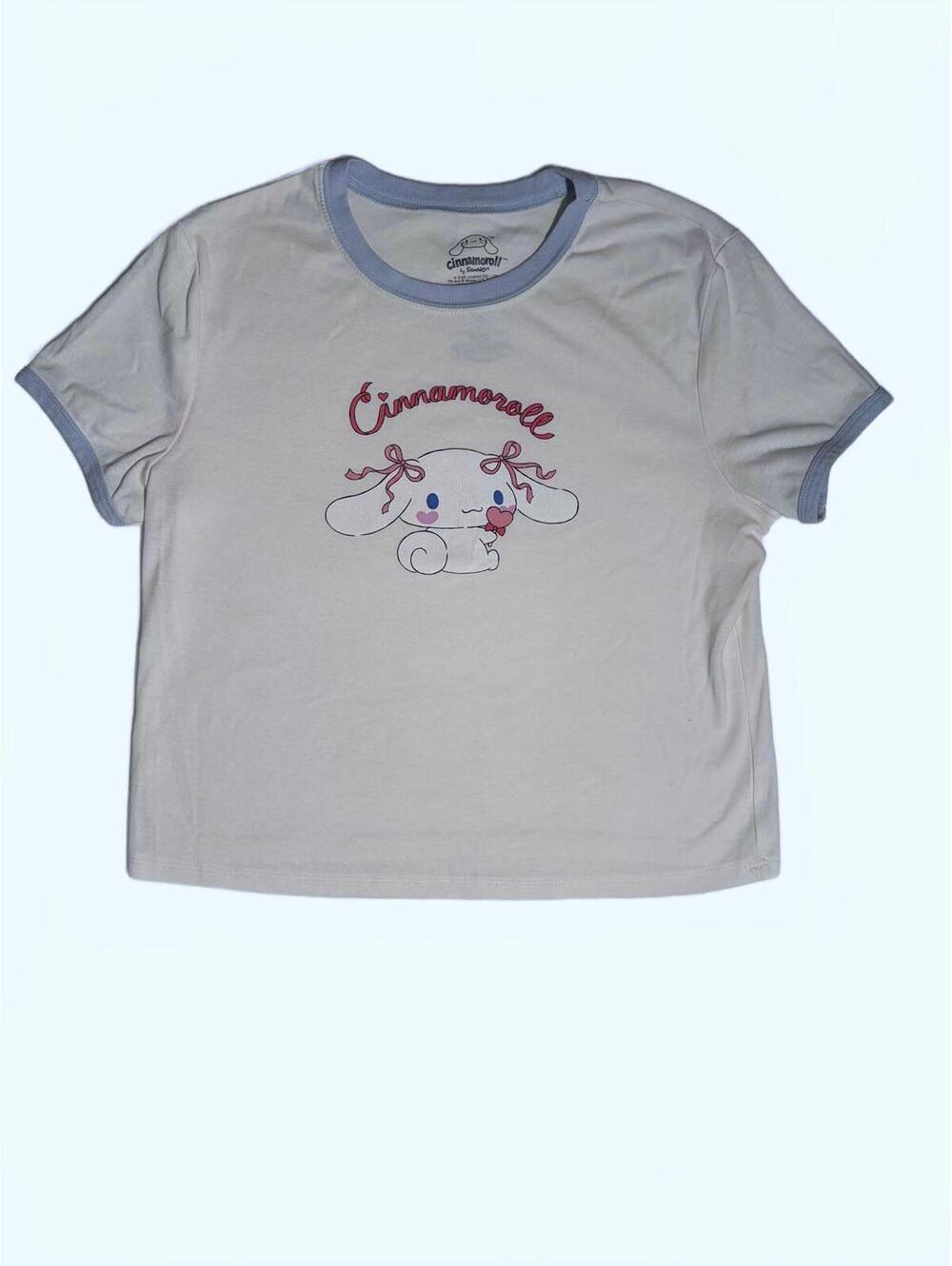 Sanrio Cinnamoroll Ringer Baby Tee Cream & Blue Crop Top Size L Y2K Coquette
